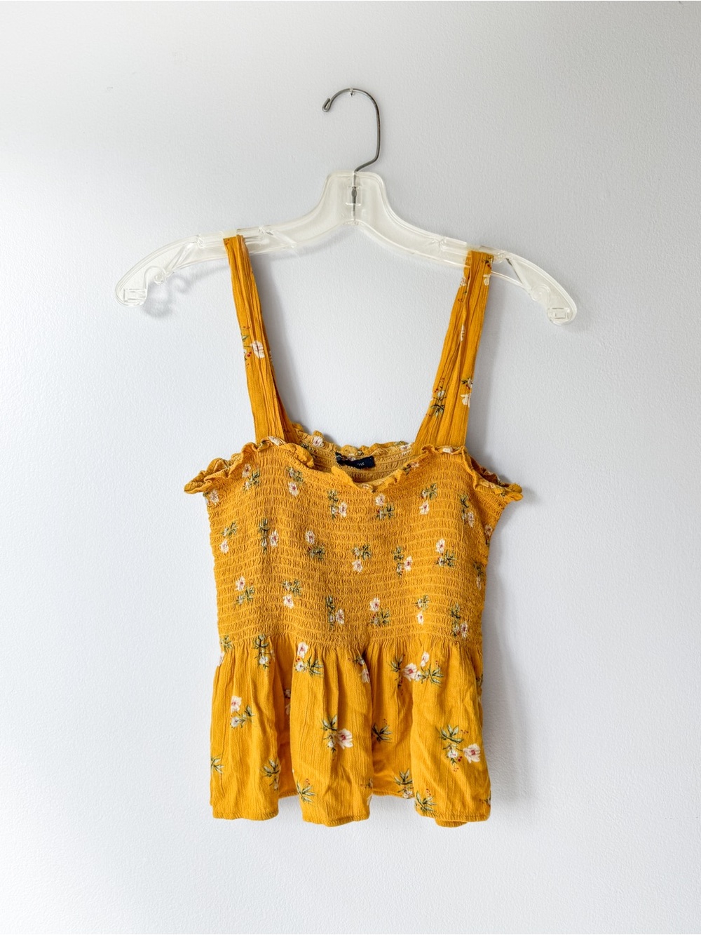American Eagle Mustard Yellow Floral Smocked Peplum Tank Top - small